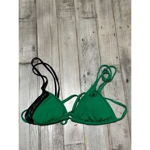 Volcom Womens Green Black Triangle Bikini Top Logo Sporty Swimwear small